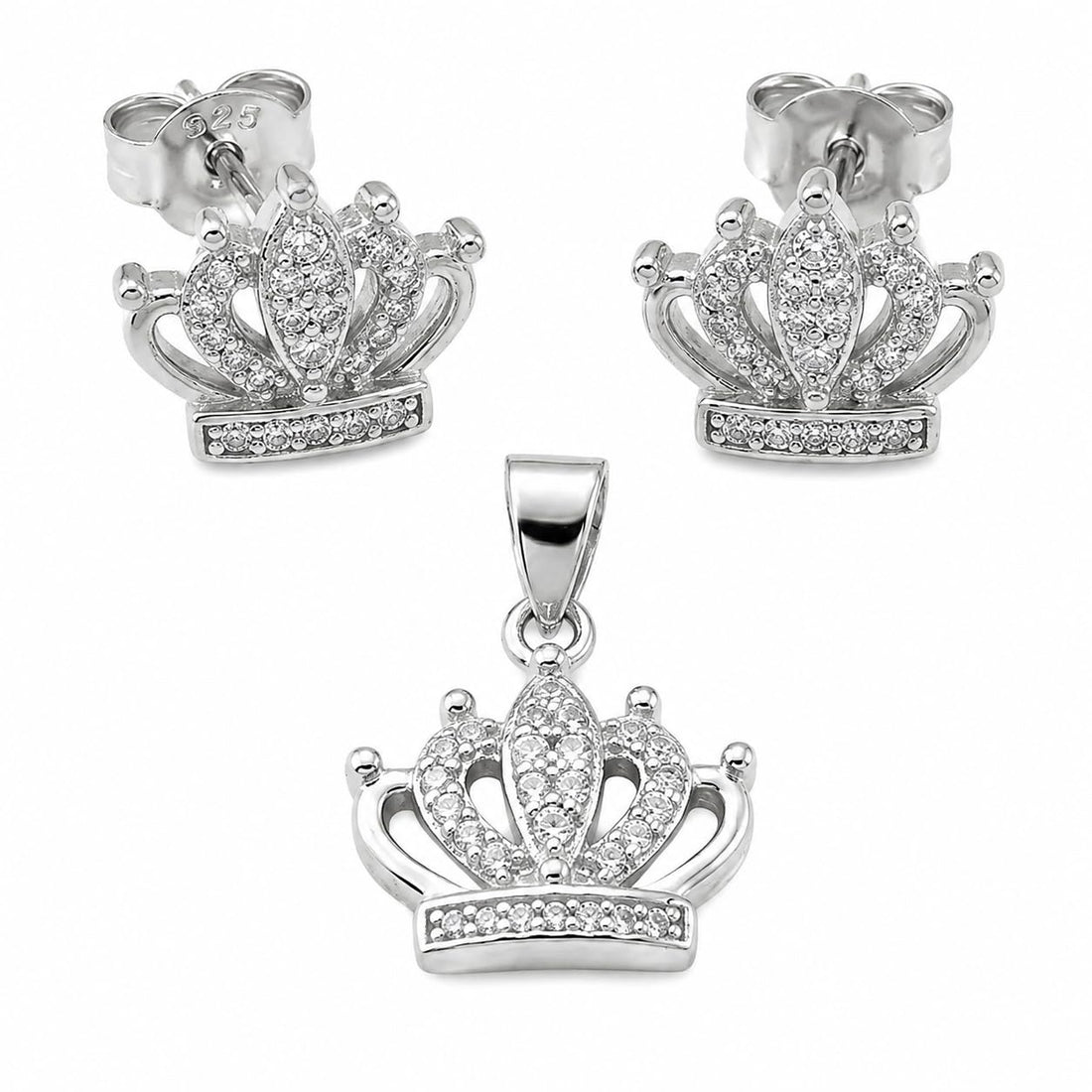 Silvme pure 925 sterling silver crown pendant and stud earrings set with cubic zirconia, front view on white background