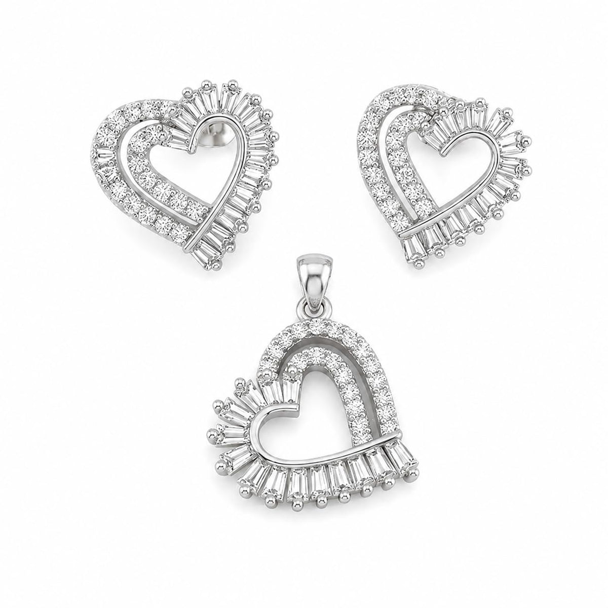 Baguette Heart 925 sterling silver pendant and stud earrings jewellery set with cubic zirconia by Silvme â€” lifestyle gift image