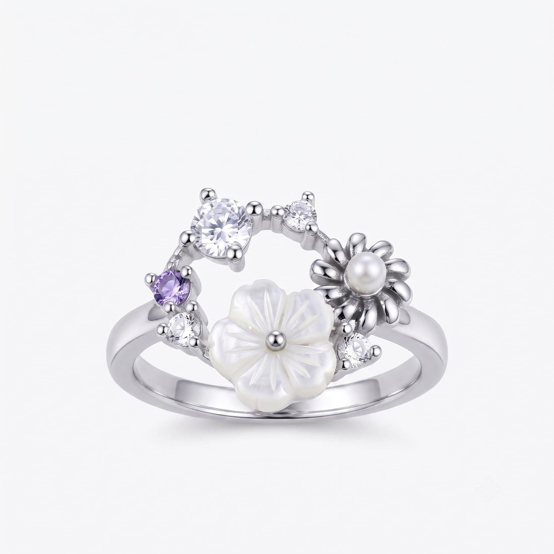Silvme Pearlescent Garden Wreath 925 sterling silver ring for women — front view on white background