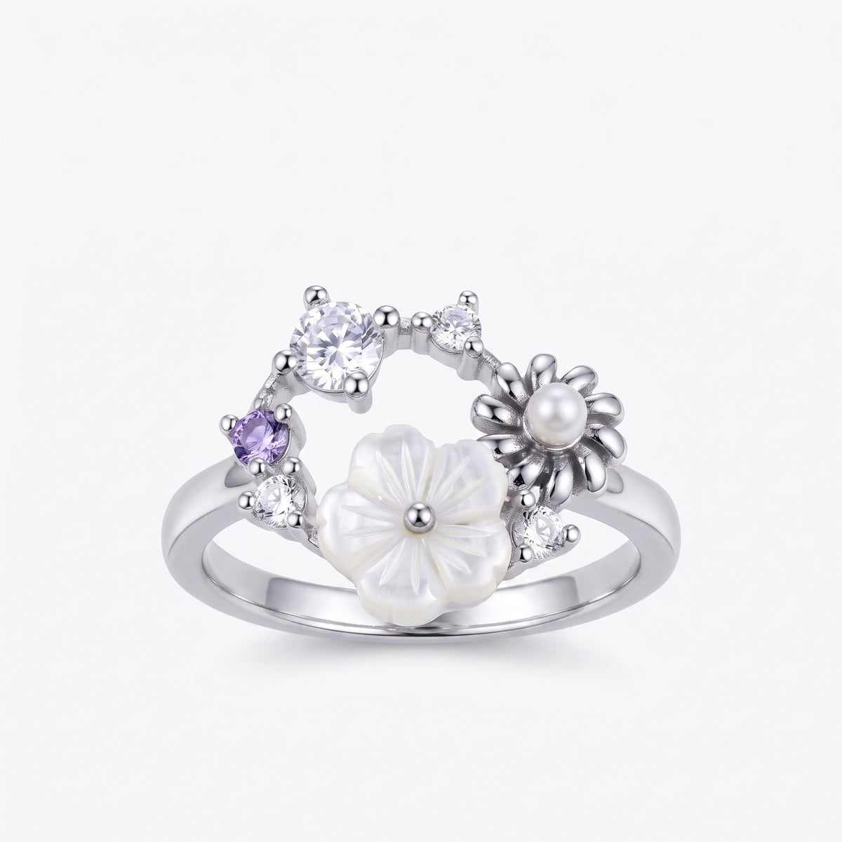 Silvme Pearlescent Garden Wreath 925 sterling silver ring for women — front view on white background