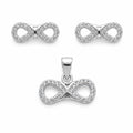 Silvme pure 925 sterling silver infinity pendant and stud earrings set with cubic zirconia, front view on white background