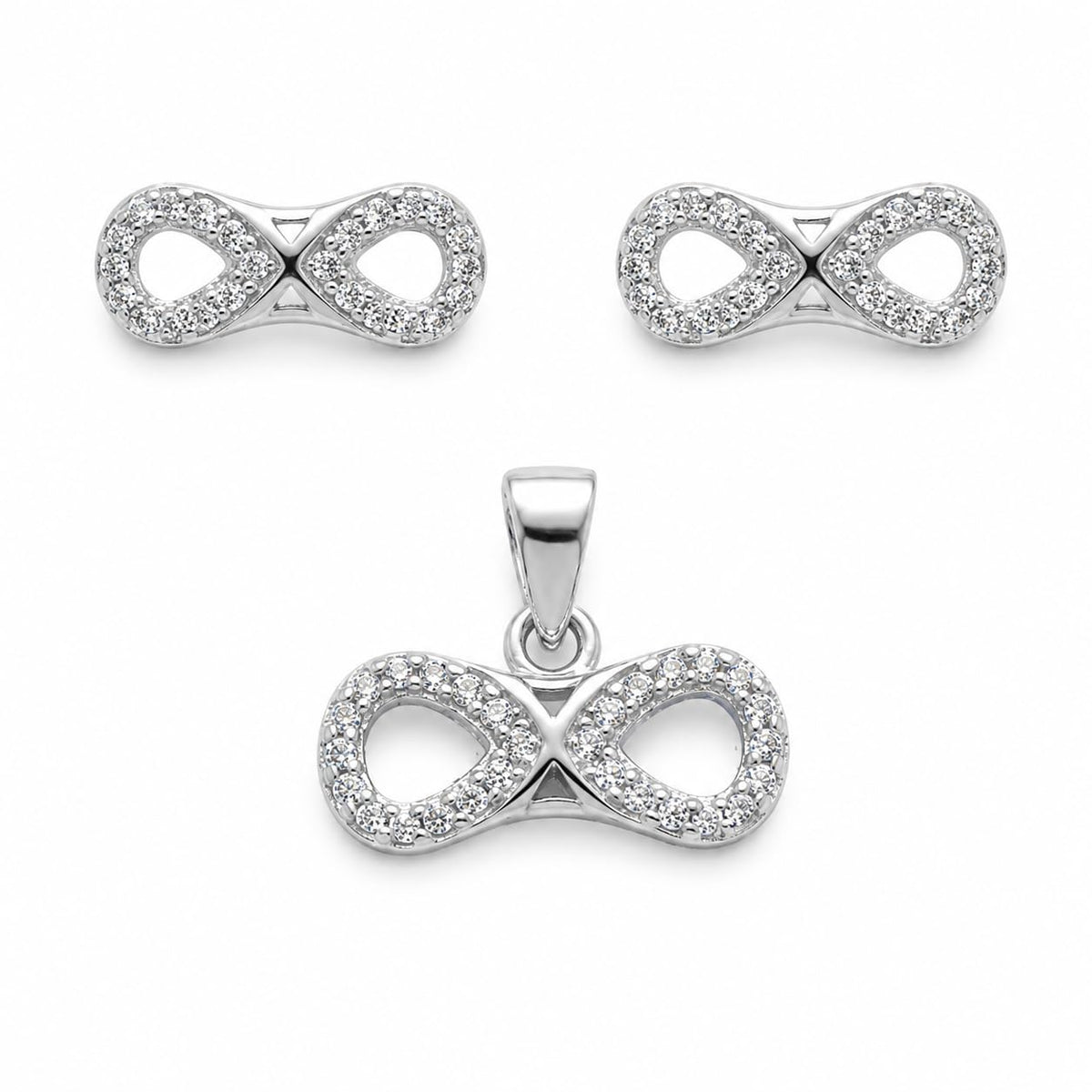 Silvme pure 925 sterling silver infinity pendant and stud earrings set with cubic zirconia, front view on white background