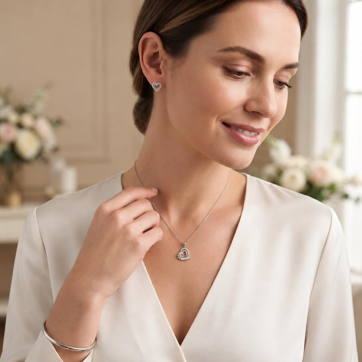 Silvme pure 925 sterling silver baguette heart pendant and stud earrings set with cubic zirconia, styled product image
