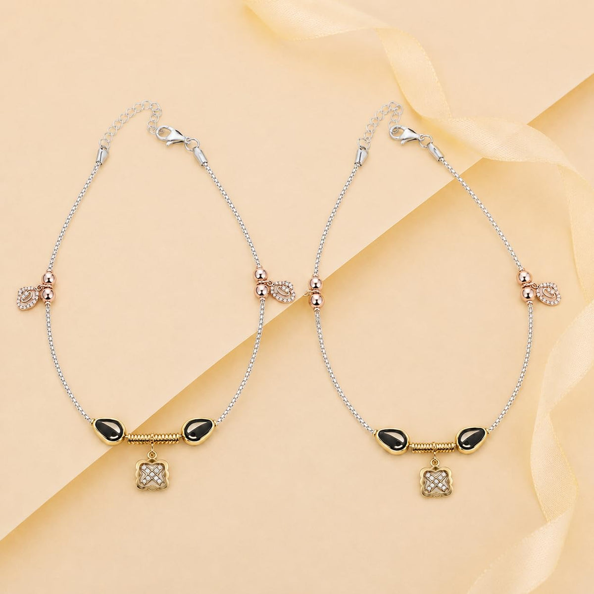 Styled view of the Silvme rose-gold CZ leaf & square charm 925 sterling silver anklet for women