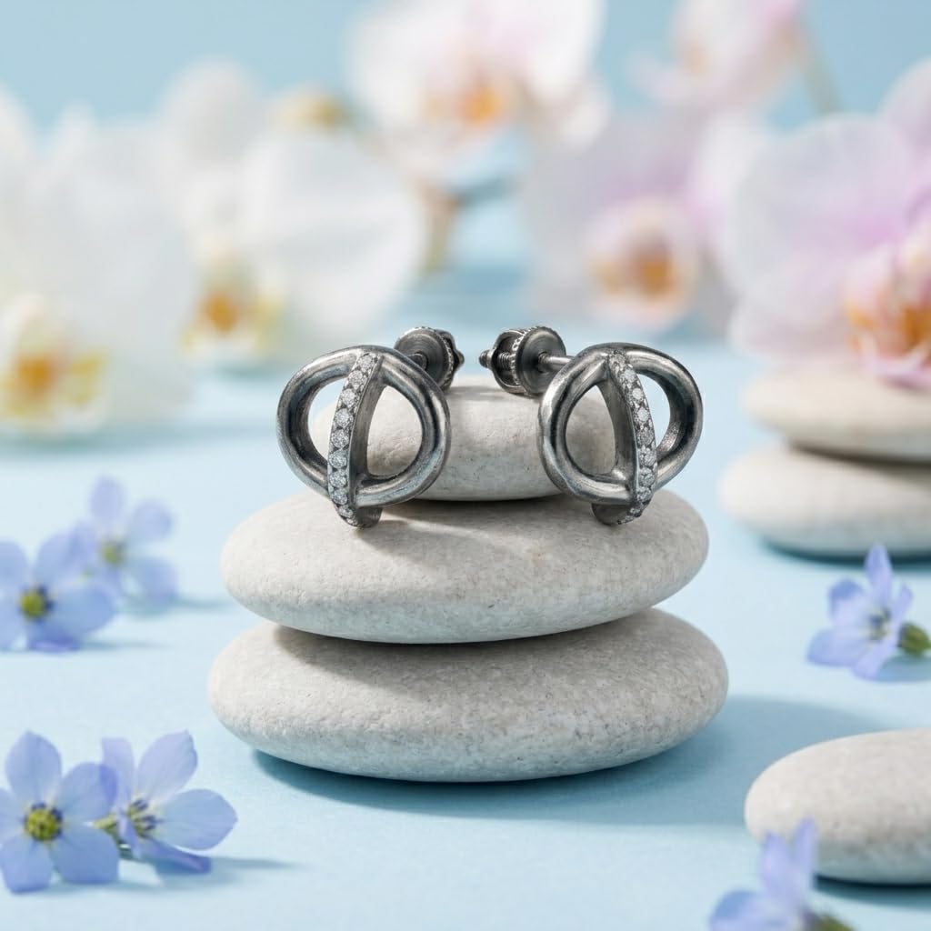 Interlocking Circle Stone-Set Stud Earrings, close-up detail