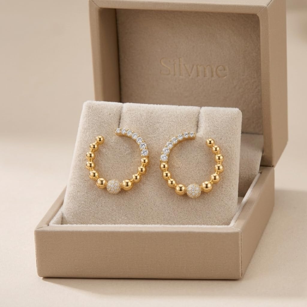Gold-Tone Beaded Hoop Stone-Set Ball Earrings, front product view