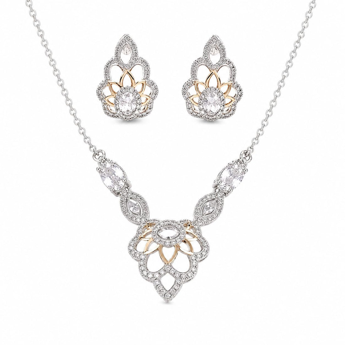 Cubic Zirconia 925 sterling silver pendant necklace and stud earrings jewellery set with cubic zirconia by Silvme â€” full necklace and earrings view