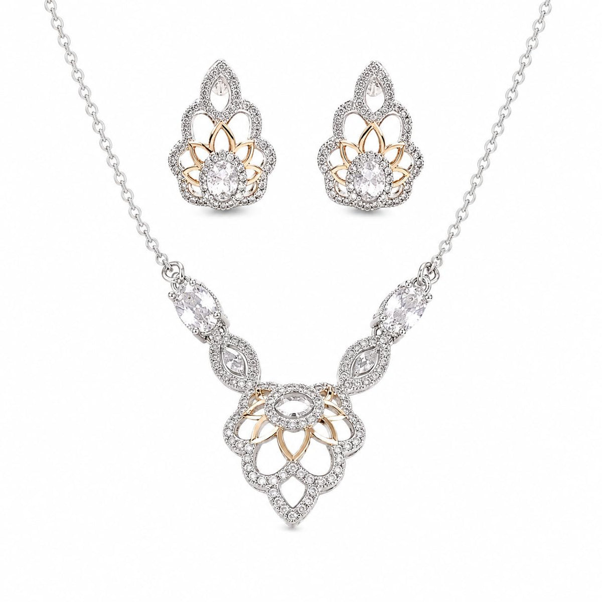 Cubic Zirconia 925 sterling silver pendant necklace and stud earrings jewellery set with cubic zirconia by Silvme â€” full necklace and earrings view