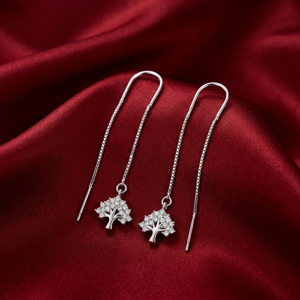 Stone-Set Tree of Life Threader Earrings, front product view