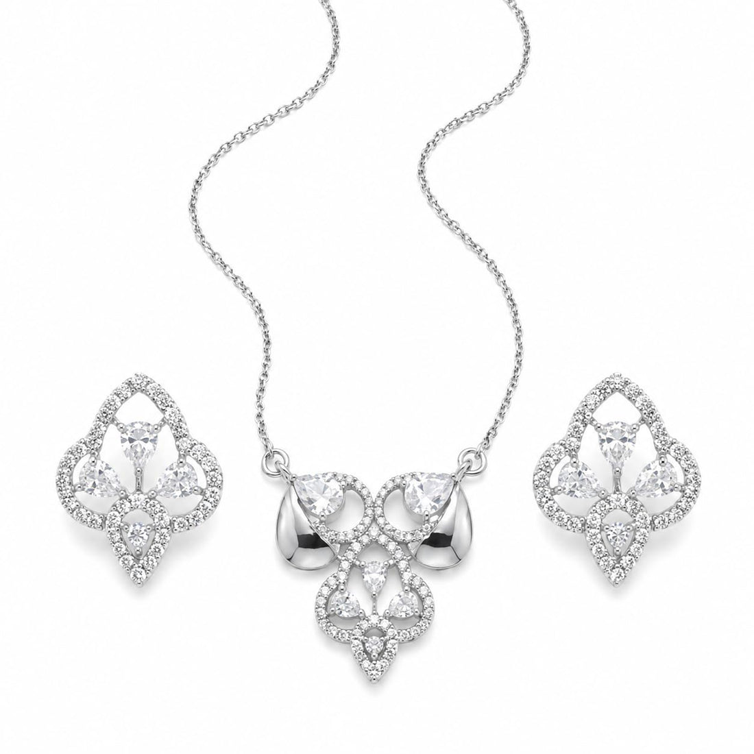 Silvme pure 925 sterling silver ornate petal pendant necklace and stud earrings set with cubic zirconia, chain and pendant view