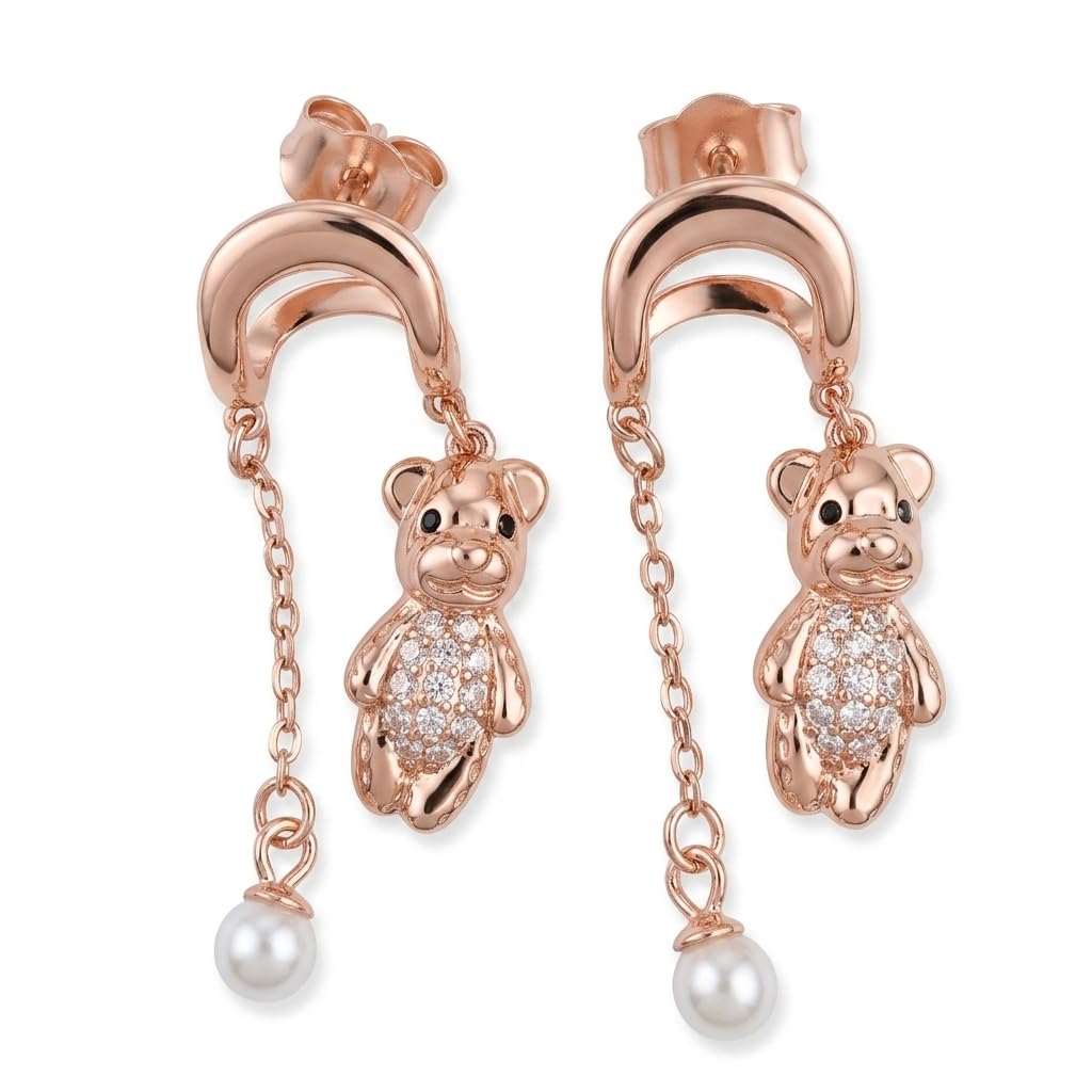 Teddy Bear Drop 925 silver drop stud earrings for women, birthday gift, shown as a matching pair