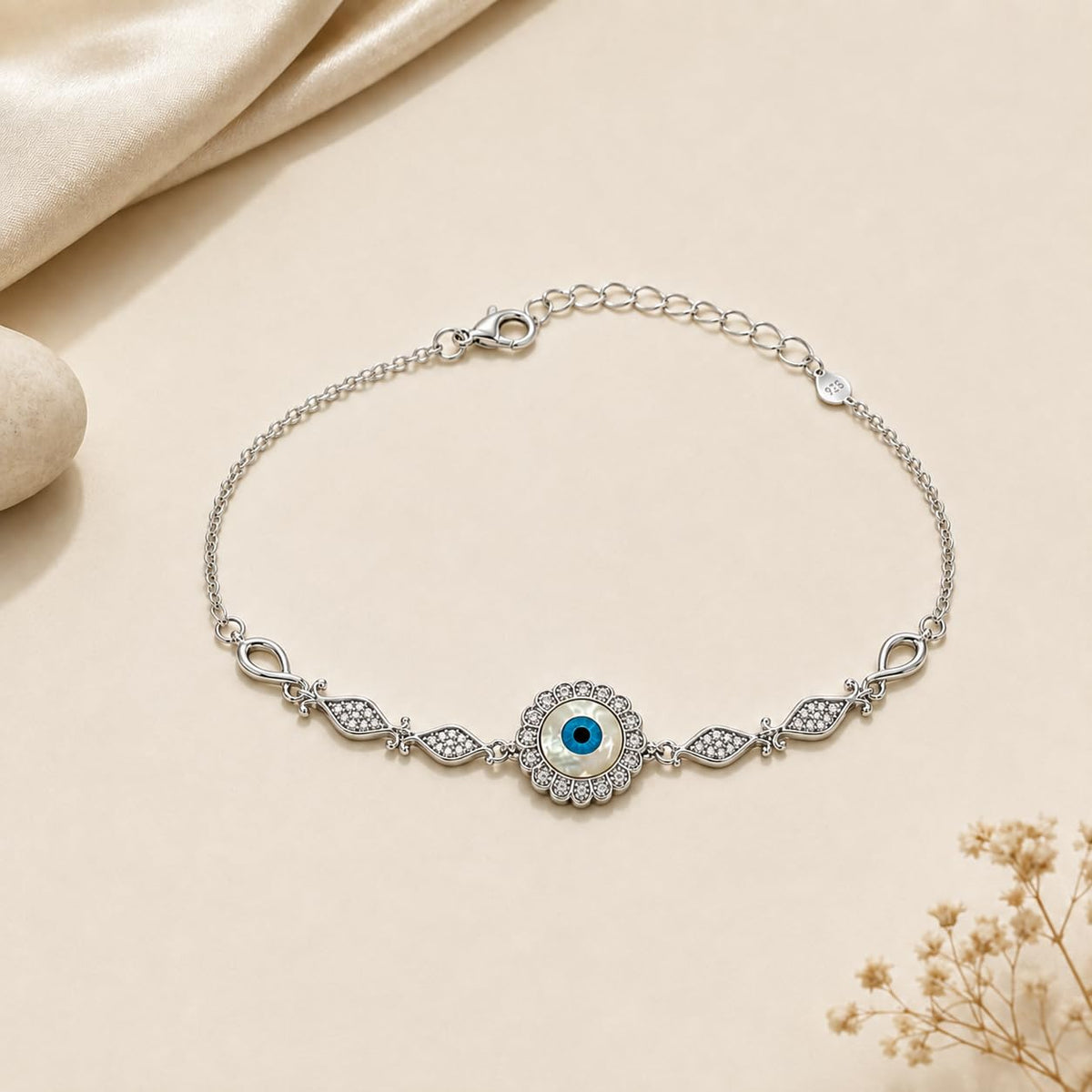 Silvme 925 Sterling Silver CZ Evil Eye Floral Anklet for Women & Girls