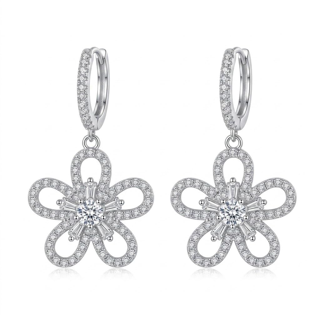 Silvme 925 Sterling Silver CZ Flower Drop Earrings for women - white-background product photo of silver drop earrings