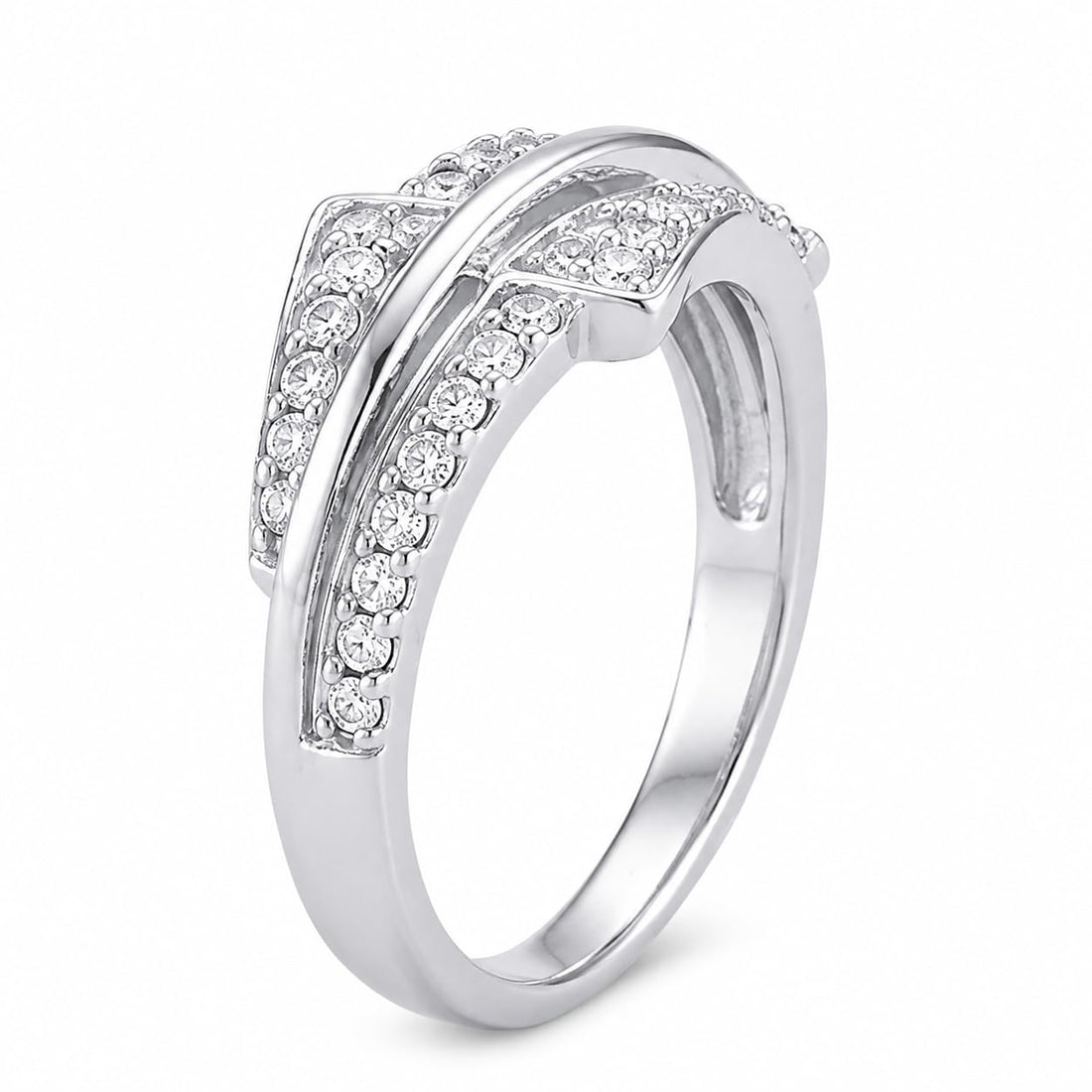 Silvme Triple Ribbon Crossover 925 sterling silver ring for women set with cubic zirconia — front view on white background