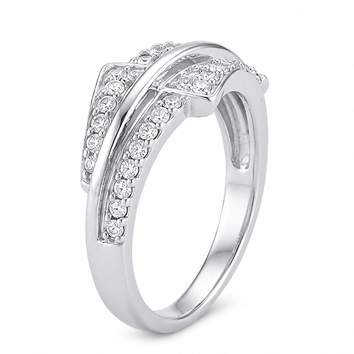 Silvme Triple Ribbon Crossover 925 sterling silver ring for women set with cubic zirconia — front view on white background