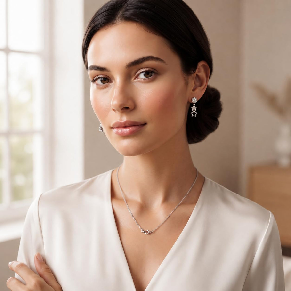 Double Star Drop 925 silver drop stud earrings for women, festive wear, overhead view