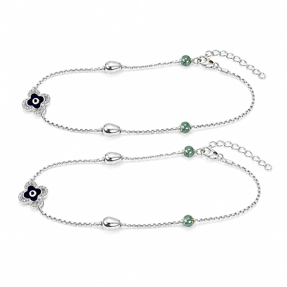 Styled view of the Silvme clover evil eye & green stone 925 sterling silver anklet for women