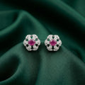 SILVME Cat & Heart Red Colour-Block Stone-Set Stud Earrings