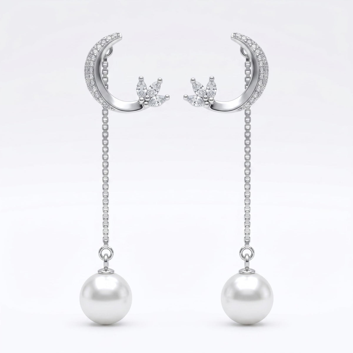 Crescent Moon Stone-Set Pearl-Look Accent Drop Earrings, front product view