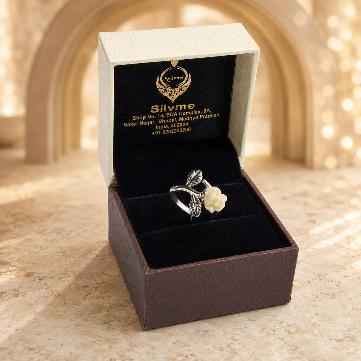 Silvme Carved Rose Botanical 925 sterling silver ring for women — angled view
