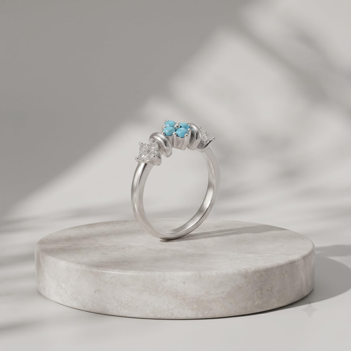 Silvme Turquoise-Colour Floral Cluster 925 sterling silver ring for women set with cubic zirconia — side profile (4)
