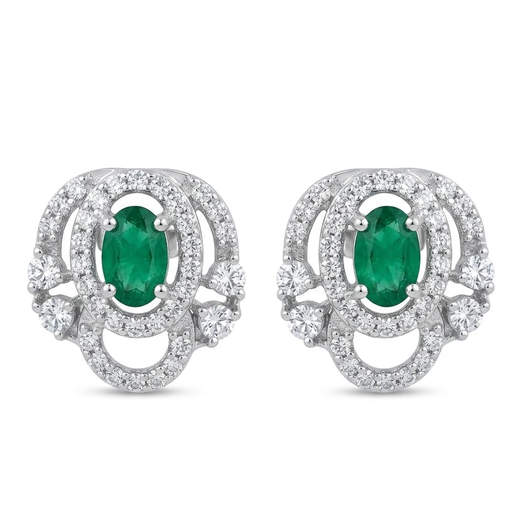 Green Oval Halo Stone-Set Stud Earrings, front product view