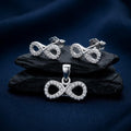 Infinity 925 sterling silver pendant and stud earrings jewellery set with cubic zirconia by Silvme â€” pendant close-up