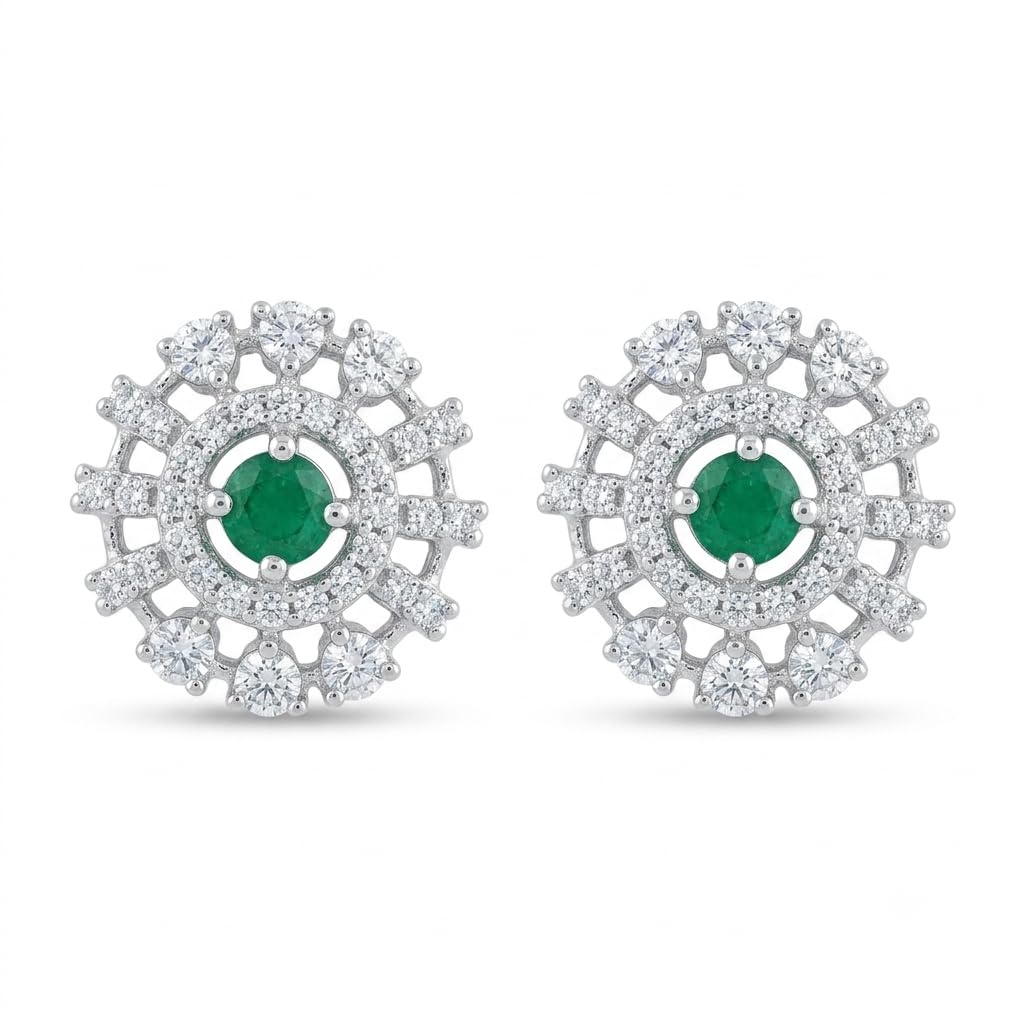 Green Round Sunburst Stud Earrings, front product view