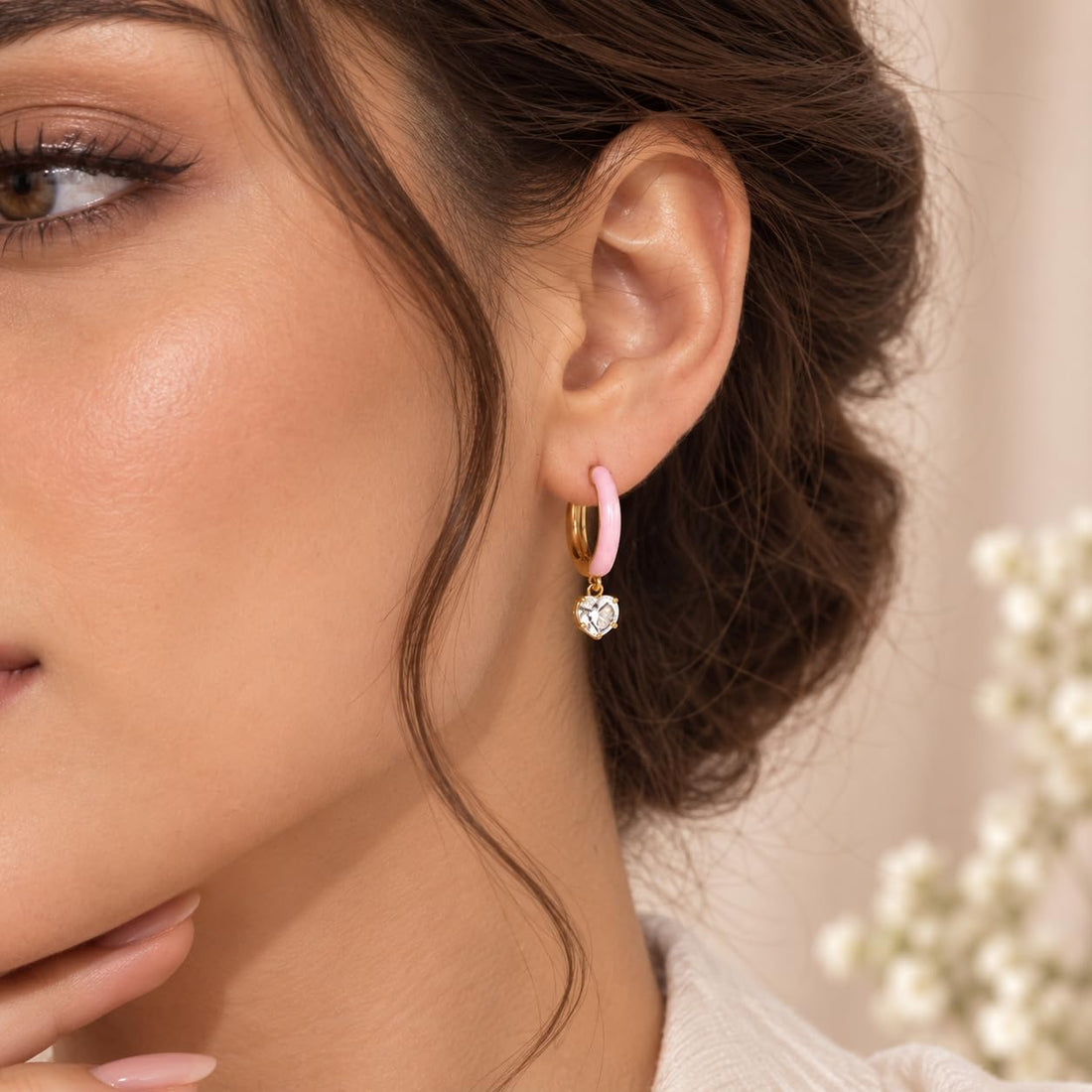 Silvme 925 Sterling Silver Pink Enamel Hoop Earrings with CZ Drop for women - white-background product photo of silver bali hoop earrings