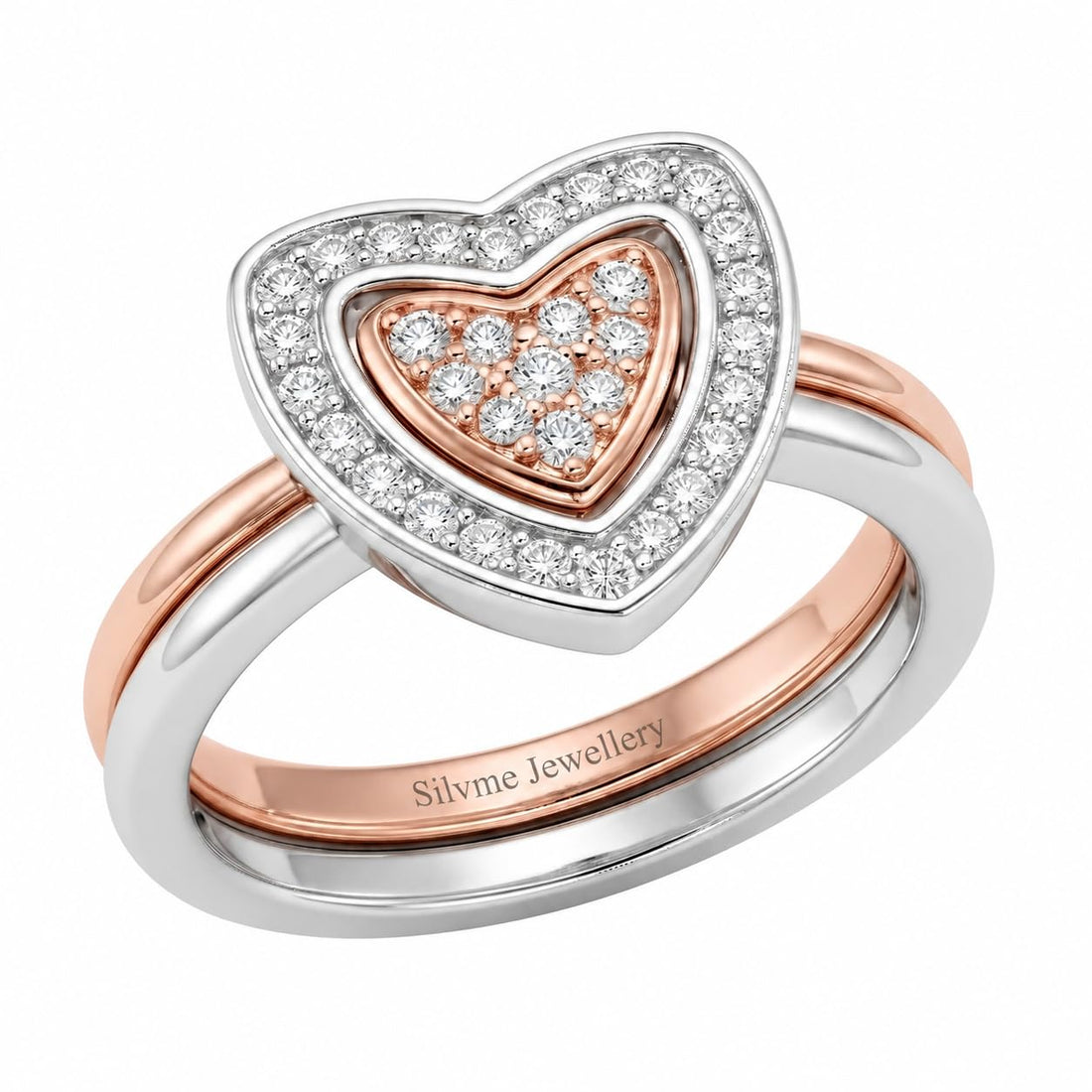 Silvme Heart Diamond with cubic zirconia 925 sterling silver heart ring for women, two-tone rose gold and silver, comfort fit ring, silver ring for saree, on-hand styling view