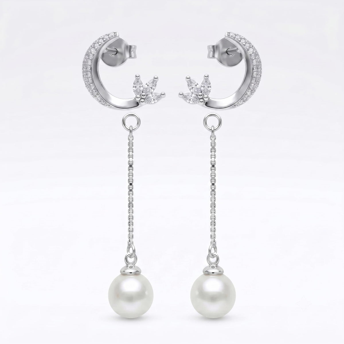 Crescent Moon Stone-Set Pearl-Look Accent Drop Earrings, close-up detail