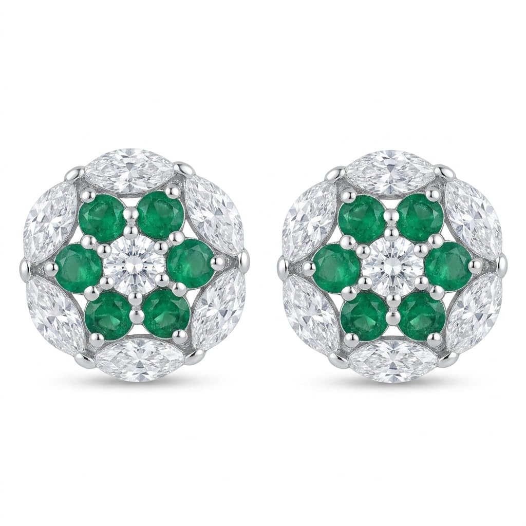 Green Floral Cluster Dome 925 silver stud earrings for women, festive gift, shown as a matching pair