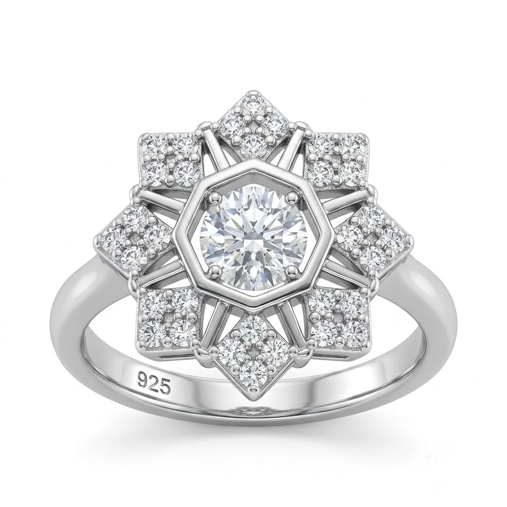 Silvme Art Deco Starburst 925 sterling silver ring for women set with cubic zirconia — front view on white background