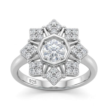 Silvme Art Deco Starburst 925 sterling silver ring for women set with cubic zirconia — front view on white background