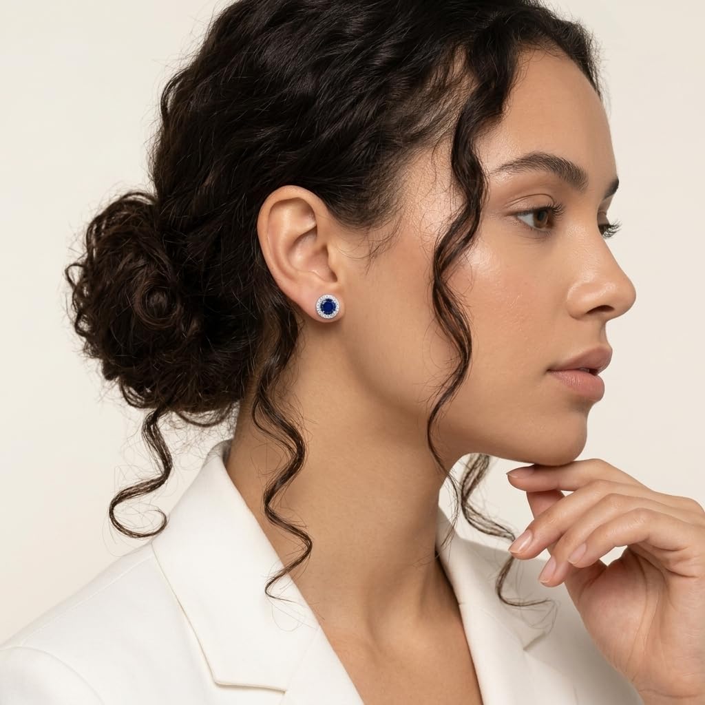 Blue Round Halo Stud Earrings, additional product view 5