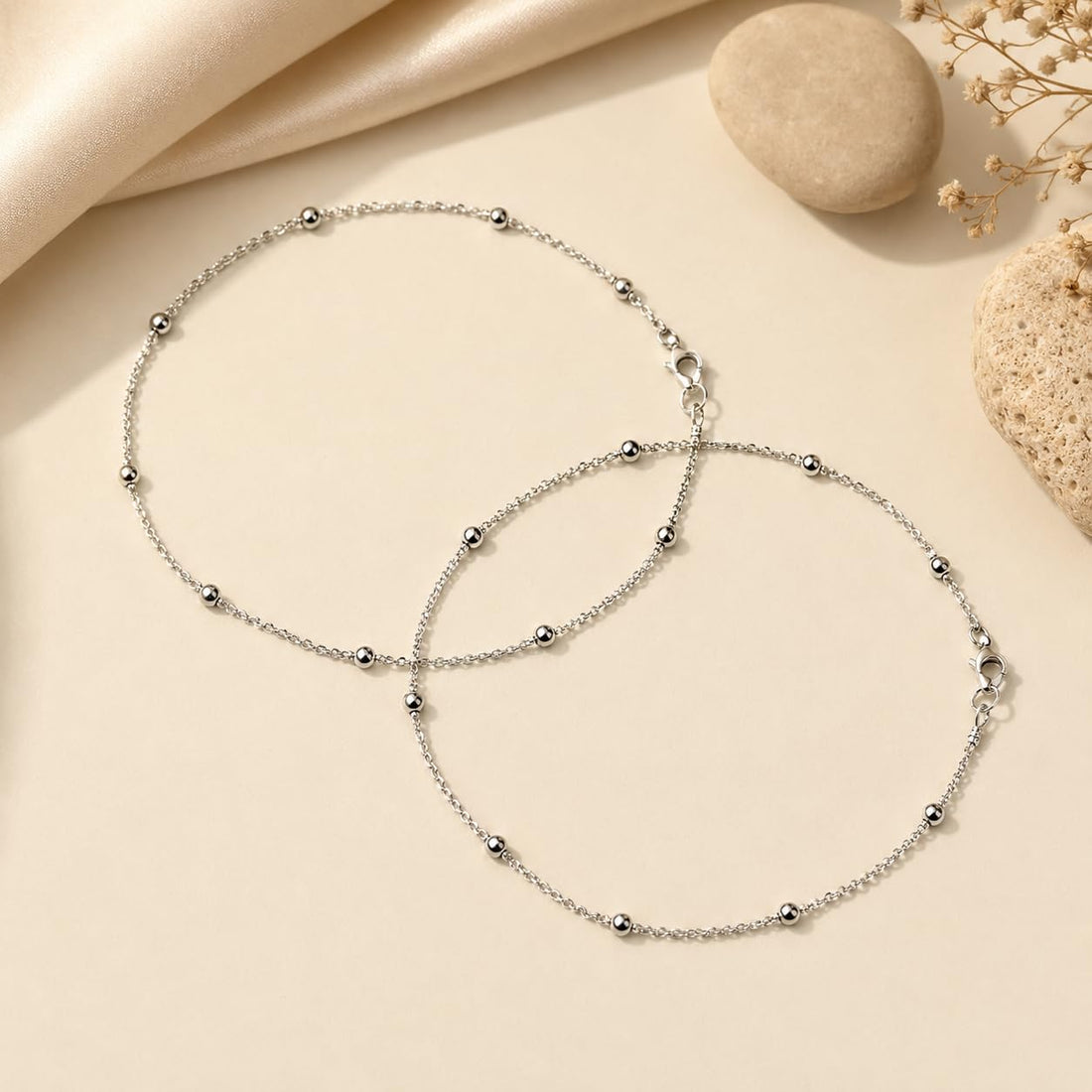 Silvme 925 sterling silver Beaded Chain anklet, on a plain white background, full view