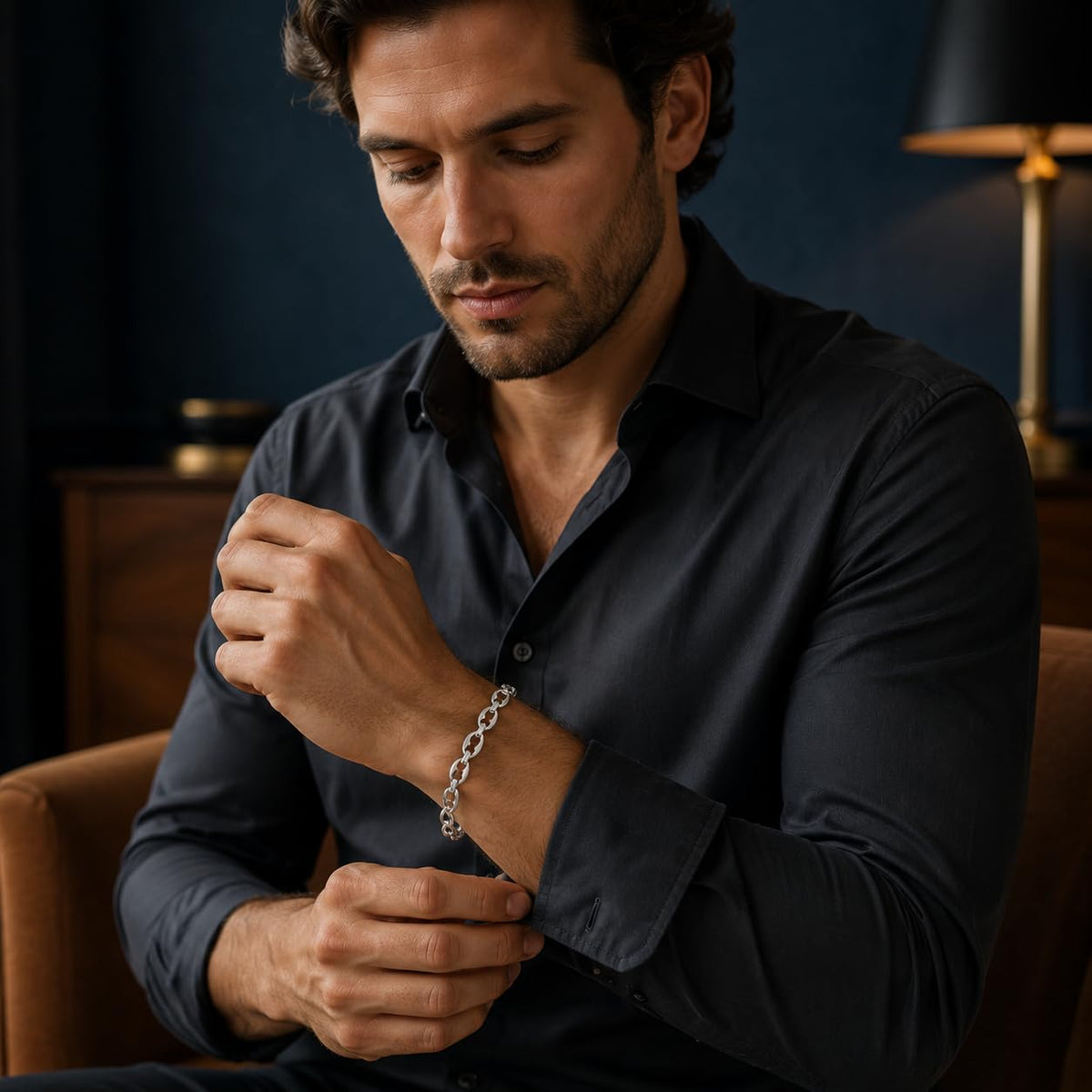 Full length of the mariner link bracelet showing its polished silver-tone finish
