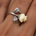 Silvme Carved Rose Botanical 925 sterling silver ring for women — worn on the finger