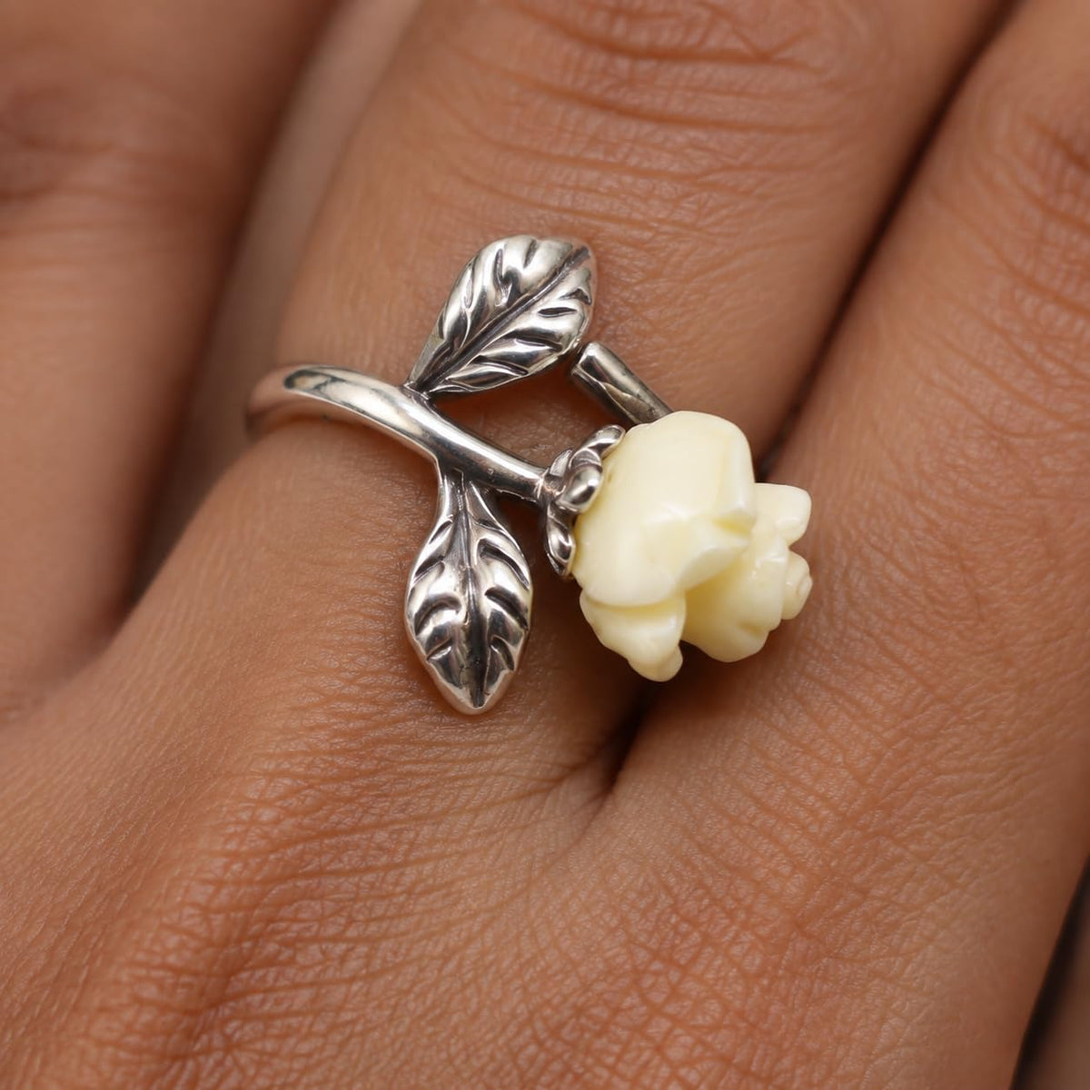 Silvme Carved Rose Botanical 925 sterling silver ring for women — worn on the finger