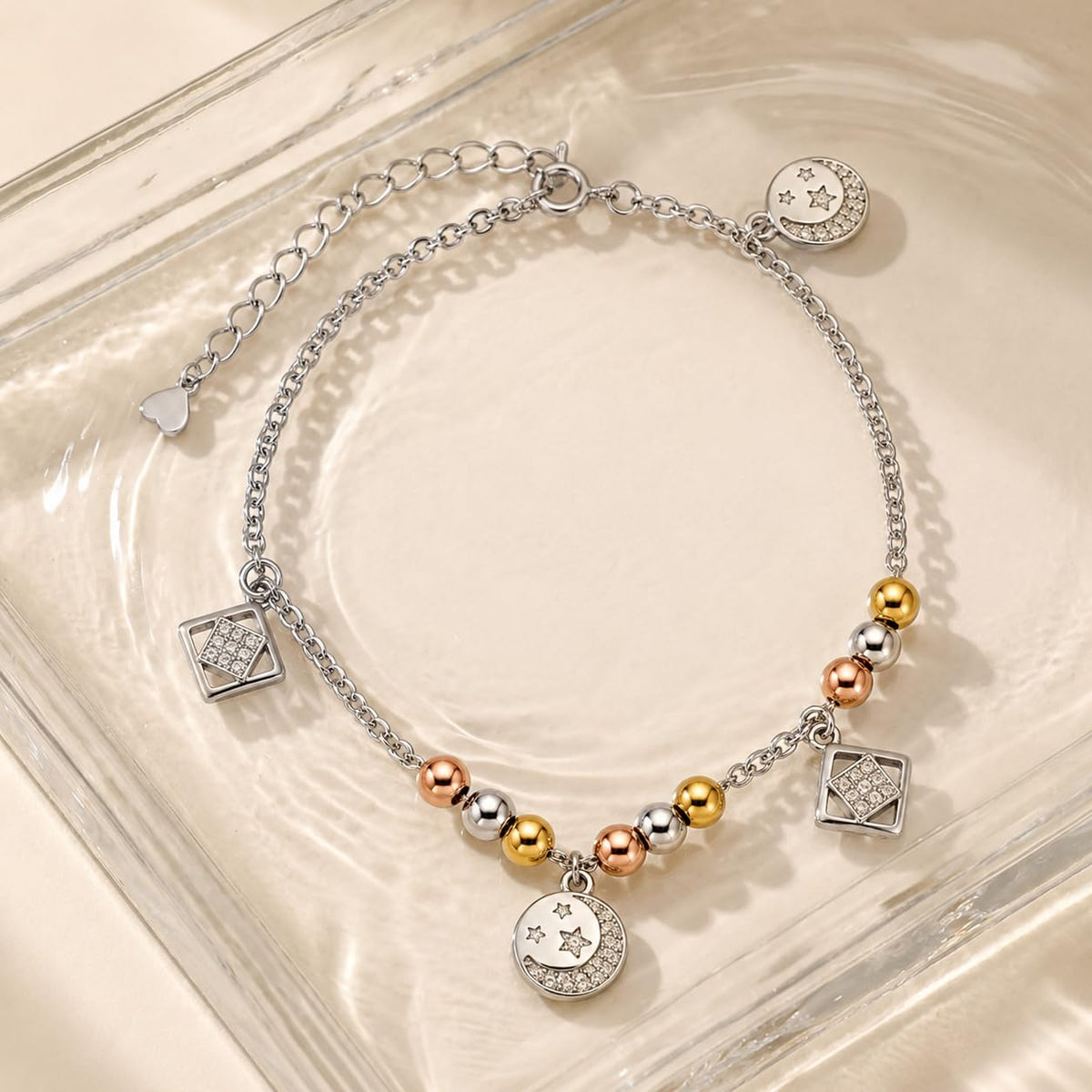 Silvme 925 Sterling Silver Tri-Tone Geometric & Star Anklet for Women & Girls