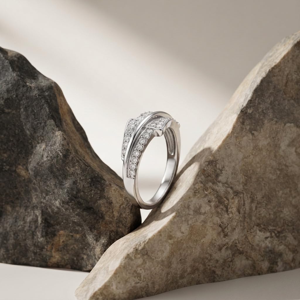 Silvme Triple Ribbon Crossover 925 sterling silver ring for women set with cubic zirconia — close-up detail