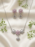 Silvme pure 925 sterling silver geometric pink pendant necklace and stud earrings set with pink cubic zirconia, front view of the complete set