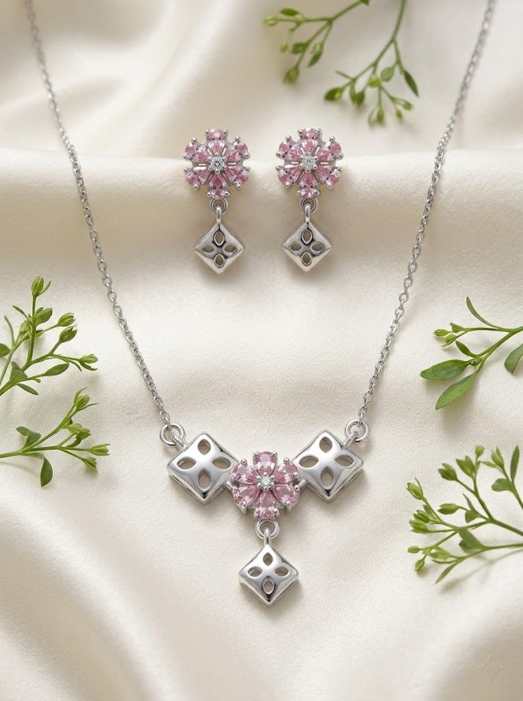 Silvme pure 925 sterling silver geometric pink pendant necklace and stud earrings set with pink cubic zirconia, front view of the complete set