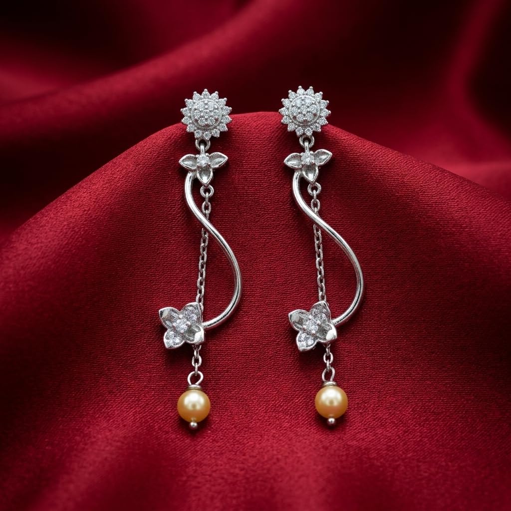 Sunflower Stone-Set Pearl-Look Accent Tassel Drop Earrings, front product view