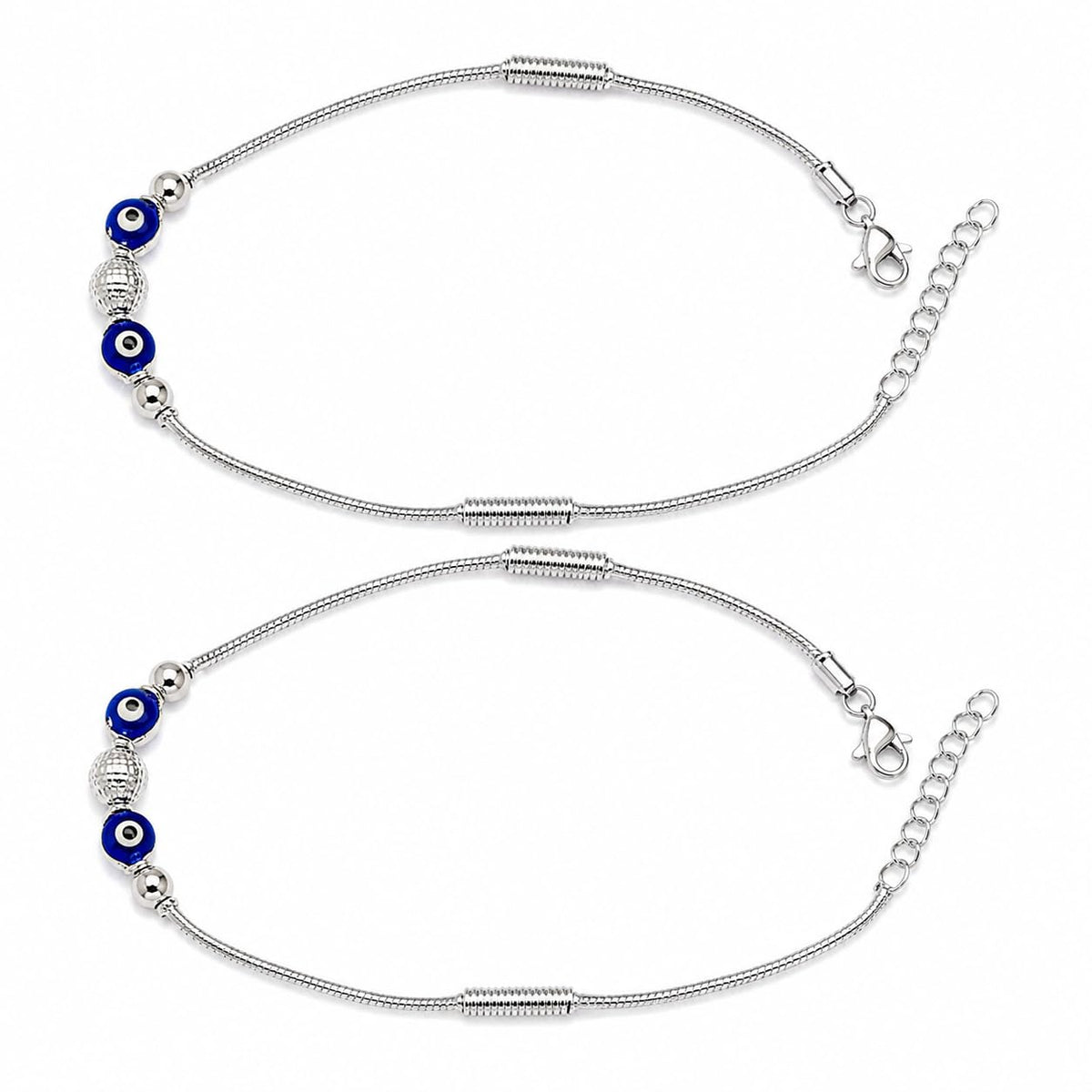 Charm, bead and chain detail on the Silvme blue evil eye snake chain 925 silver anklet payal