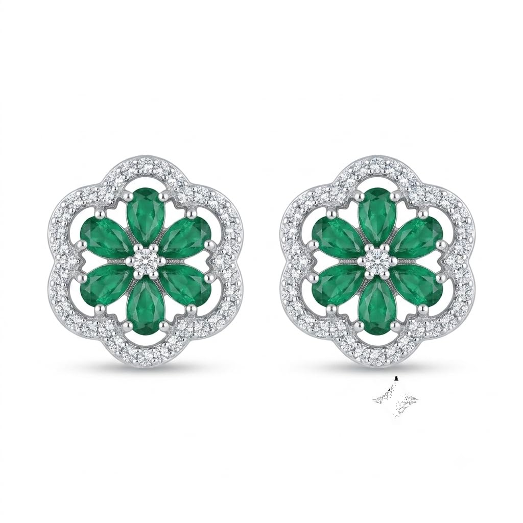 Green Four-Petal Floral Stud Earrings, front product view