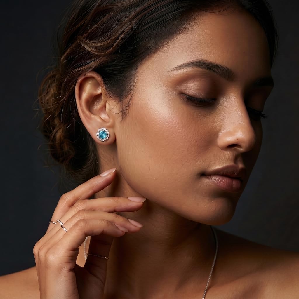 SILVME Blue Floral Halo Stud Earrings