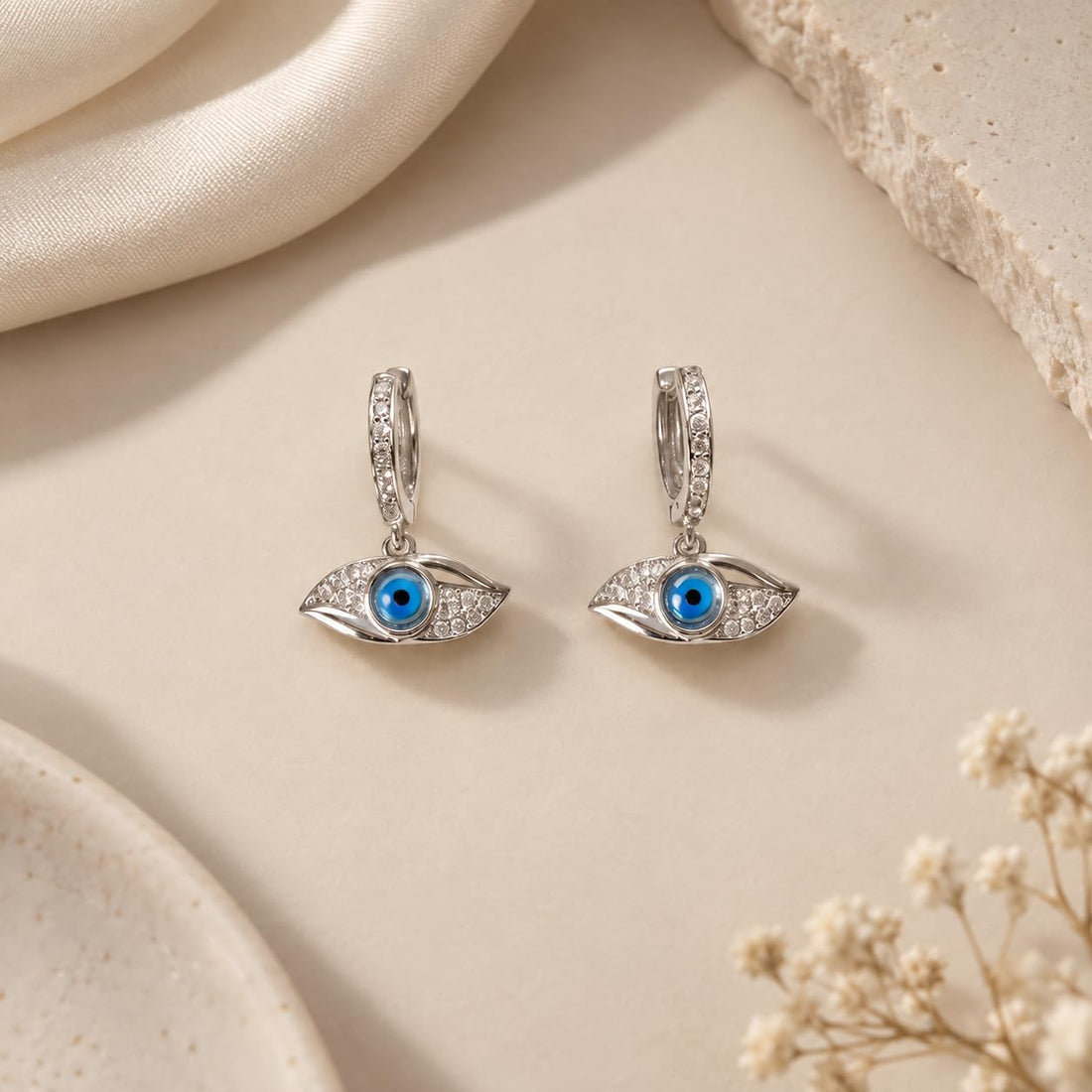 Silvme 925 Sterling Silver Evil Eye Huggie Hoop Earrings for Women, Pair