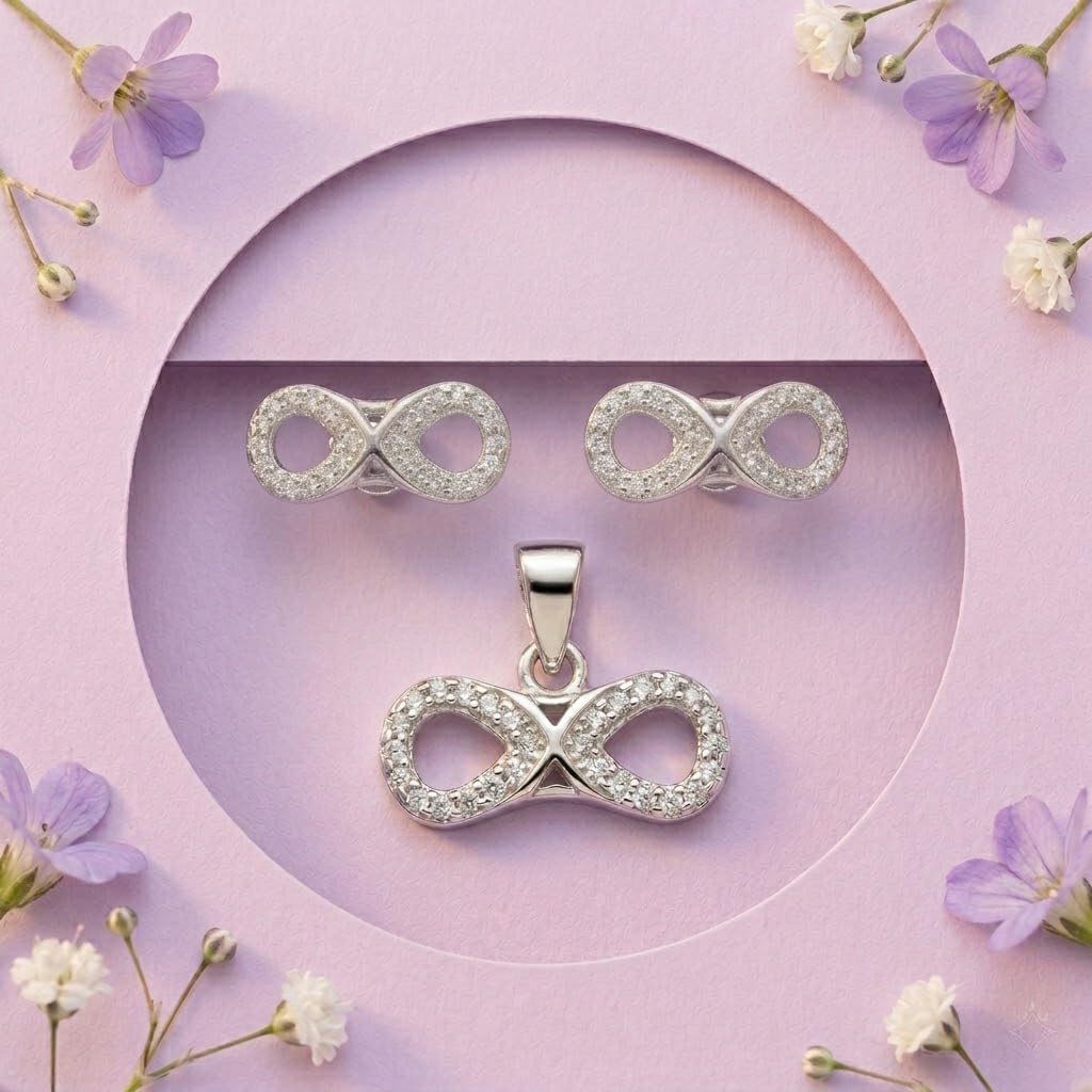 Silvme 925 silver infinity pendant and stud earrings with cubic zirconia, close-up detail