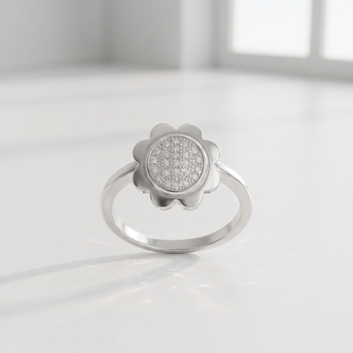 Silvme Dainty Daisy Crystal 925 sterling silver ring for women set with cubic zirconia — top view